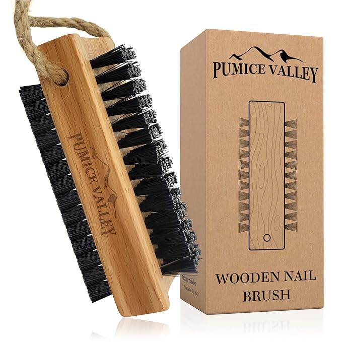 Wooden Cleaning Finger Nail Brush with Nylon Charcoal Bristles (Beechwood) | Double-Sided Fingernail Brush with Hanging Rope for Scrubbing Fingernails and Toes
