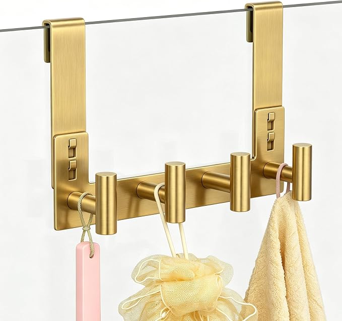 PMMASTO No-Drill Extra Long Shower Hooks, Fits 3/8" Thick Door, Heavy Duty Stainless Steel Towel Hooks for Frameless Glass Shower Door, Holds Bathrobe Towel (Gold, 4 T-Hooks)
