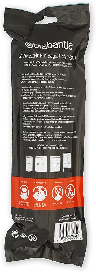 Brabantia PerfectFit Trash Bags (Size O/8 Gal) Thick Plastic Trash Can Liners with Drawstring Handles (120 Bags)