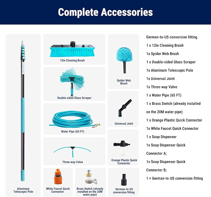 Solar Panel Cleaning Kit, 27FT Water Fed Pole with Extendable Handle, 180° Rotatable Brush Head & 65.6FT Hose, Household & Outdoor Window Cleaner Tool for Caravan Solar Panel Deck
