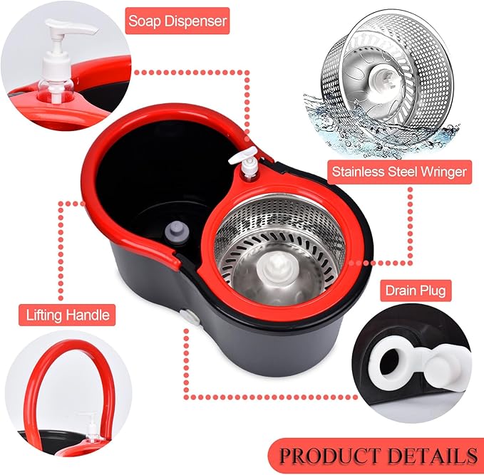 Spin Mop and Bucket with Wringer Set, 3 Mop Heads, 61" Adjustable Handle | 360° Spinning Mop Bucket System with 3 Microfiber Mop Heads & 61" Stainless Steel Adjustable Handle for Floor Cleaning