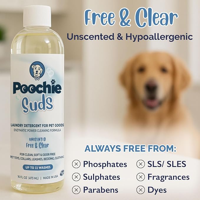 Poochie Suds Pet Laundry Detergent, Enzyme Cleaner and Odor Remover, Hypoallergenic and Fragrance-Free Pet Safe Detergent for Dog and Cat Bedding, Blankets, Toys and Gear, Made in USA, 16 fl oz