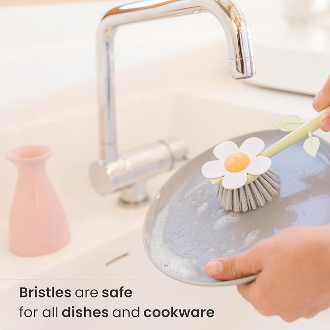 Vigar Florganic Dish Brush with Holder, Dish Scrubber, Pink | Dish Scrubber With Handle, Pot Scrubber, Kitchen Scrub Brush, Dishwashing Brush Tool for Sink Cleaning