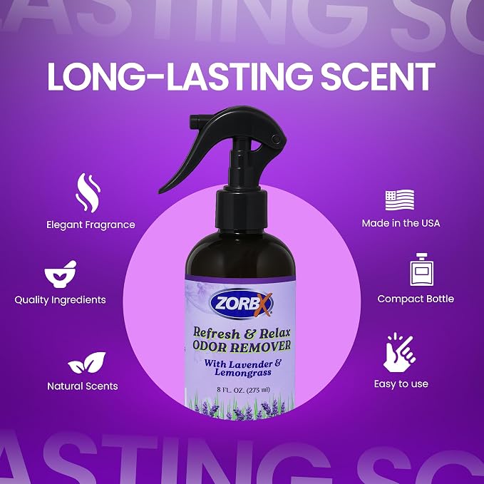 ZORBX Refresh & Relax Lavender Lemongrass Odor Remover Spray 8 Oz, 1-Pack | Natural Room Deodorizer for Medical Rooms, Closet, Home, Bathroom, Furniture, Carpet, Car, Gym & Laundry, Permanent Solution