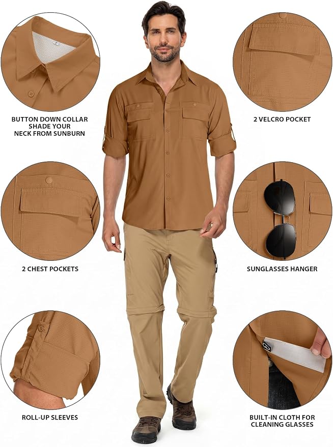 linlon Men's Safari Shirt UV Sun Protection Long Sleeve Hiking Travel | Button Down Mesh Back Vents UPF 50+ Quick Dry Breathable Cool Lightweight Outdoor Travel Fishing Gardening Clothes