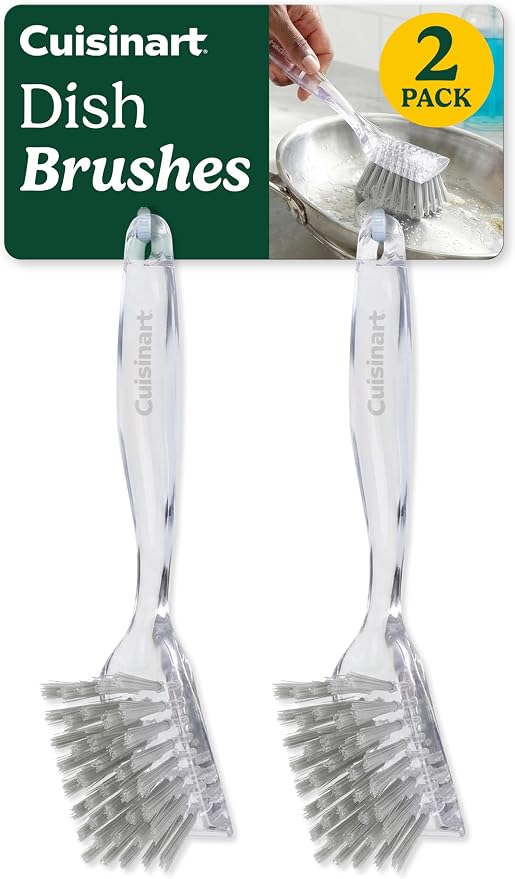 Cuisinart Dish Brush with Handle, 2 Pack, Firm Bristles | Multi-purpose dish scrubber for plates, pots, and pans, deep cleaning removes grease, safe for nonstick, built-in scraper