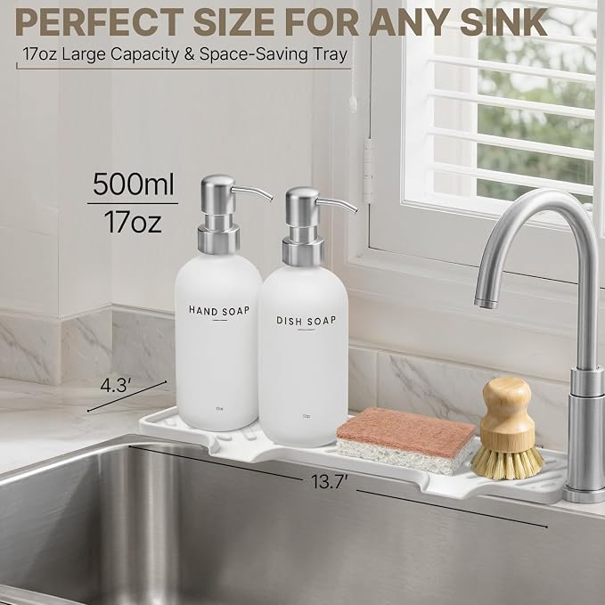 Kitchen Soap Dispenser Set with Self Draining Silicone Tray, Silver | Kitchen Sink Organizer for Sink, 2 x 17oz Glass Soap Dispensers with Stainless Steel Pumps, Bamboo Brush & Sisal Sponge