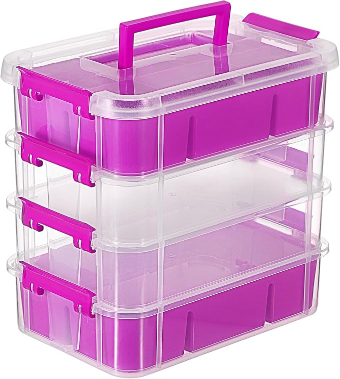 JUXYES 4-Tiers Plastic Stack Carry Storage Containers Box wih Handle Lids | Clear Stackable Latching Storage Bin With 2 Tray for School Office, Organizing Sewing, Art Craft, DIY Supplies, Purple