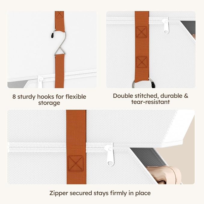Collapsible Hanging Closet Organizer - 3 Tier Closet Shelves Storage System with Hooks, Fabric Hanging Storage Bins for Clothes, Foldable Storage Basket for Laundry, Bedroom, Rv, White