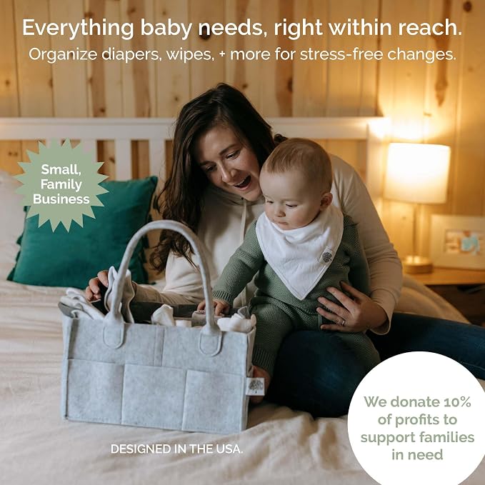 Parker Baby Co. Felt Diaper Caddy Organizer - Regular, Gray | Portable nursery storage bin for diapers, wipes, bottles & baby essentials for home/car. Soft felt, foldable design 13x9x7"