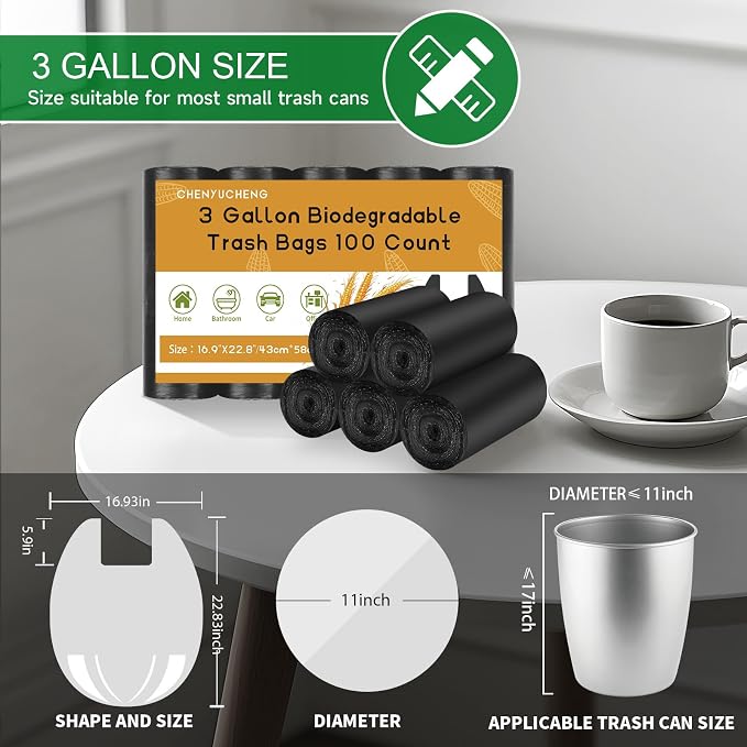 3 Gallon Bathroom Black Trash-Bags With-Handle - Small Garbage Bags 100 Count 12 Liter Biodegradable Compostable Unscented Waste Basket Liners For Kitchen Office Car Strong Thick Chenyucheng