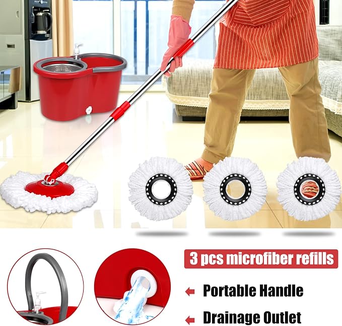 Spin Mop and Bucket System with Stainless Steel Wringer, 3 Mop Heads | Microfiber Spin Mop and Bucket System with Stainless Steel Wringer, 3 Mop Heads & 61" Telescoping Handle