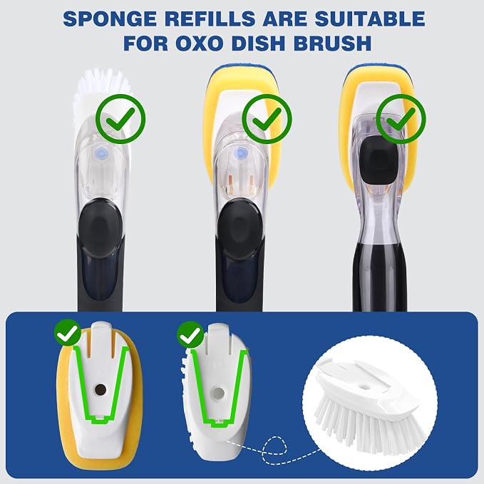 Sponge Brush Refills for OXO Soap Dispensing Dish Brush 8 Pack Refill Heads | Scrub Replacement Head for Scrubber Non-Scratch Sponge Replacement Head Fits Soap Dispensing Handle for Pots Pans Sink