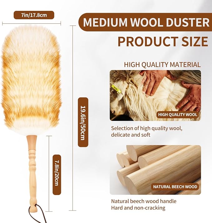 Lambswool Duster for Cleaning with Solid Wooden Handle Leather Hang Strap 19.6 inch Natural Feather Duster for Cleaning Ceiling Fans Window Blinds Computer Furniture(2 Pack)