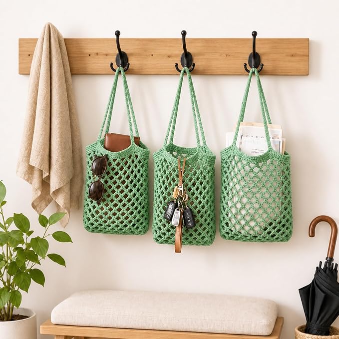 3 Hanging Baskets,Sage Green,Mesh,Cotton Rope | Wicker Wall Baskets with Hooks for Fruit Vegetable Onion Storage, Teardrop Organizer for Kitchen, Boho Farmhouse Decor
