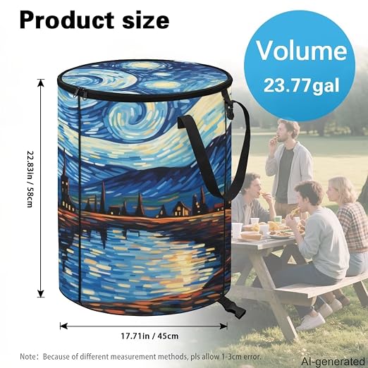 Starry Night Oil Painting 24 Gallon Camping Trash Can Collapsible Outdoor Garbage Can with Lid Waterproof Easy to Clean Reusable Trash Bin for Patio Yard Garden Kitchen Laundry