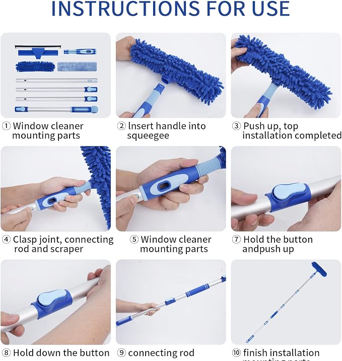 LOMIDA Professional Window Squeegee Kit - 62" Lightweight Aluminum Pole, 2 in 1 Rotatable Window Cleaning Tool Kit with Extension Pole Cleaning with Bendable Head for Car/Shower/High Windows