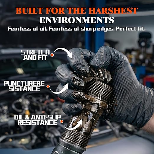 10 Mil Heavy Duty Mechanic Nitrile Gloves, XLarge Black 200 Count | Diamond Grip,Latex Free,Chemical Resistant Disposable Thick Rubber Gloves for Auto Repair, Industrial, Food, Work ,BBQ,Men