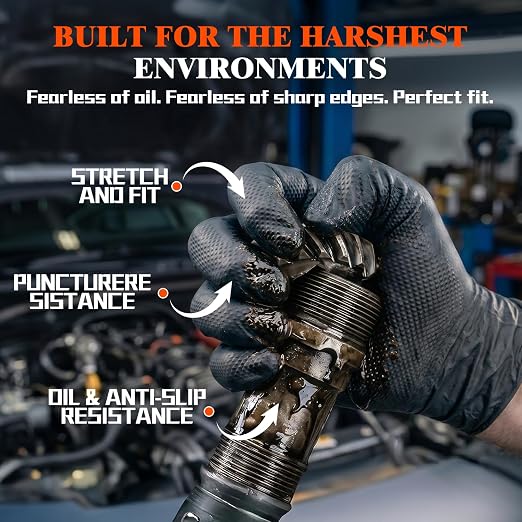 10 Mil Heavy Duty Mechanic Nitrile Gloves, Black Medium 1000 Count | Diamond Grip, Latex Free Disposable Chemical Resistant Rubber Gloves for Industrial,Workshops, Auto Repair,Janitorial,Food