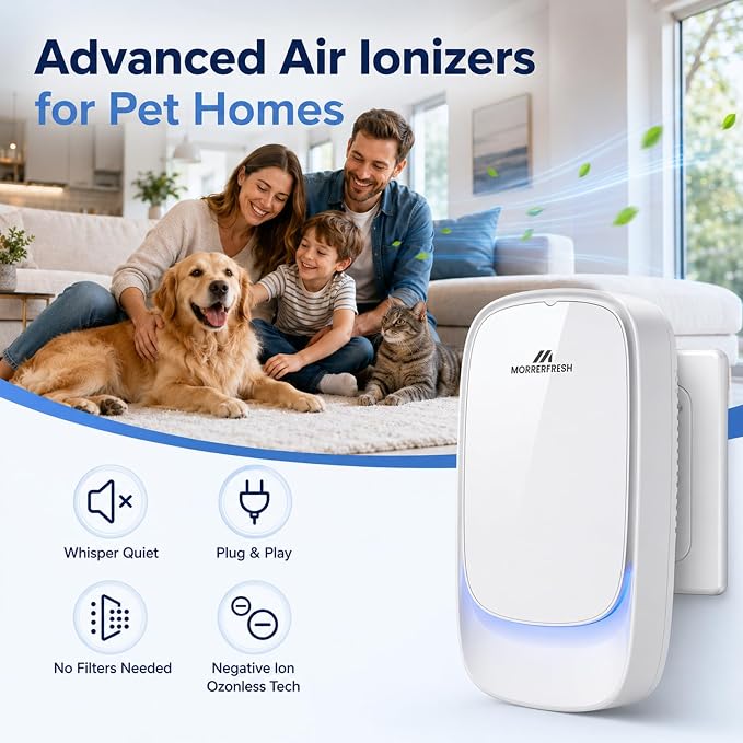 Plug in Air Ionizers and Cat Litter Box Deodorizer | Negative Ion Air Purifier and Pet Odor Remover for Dogs/Cats, Quiet Freshener for Home Kitchen, Smoke Dust Mini Cleaner