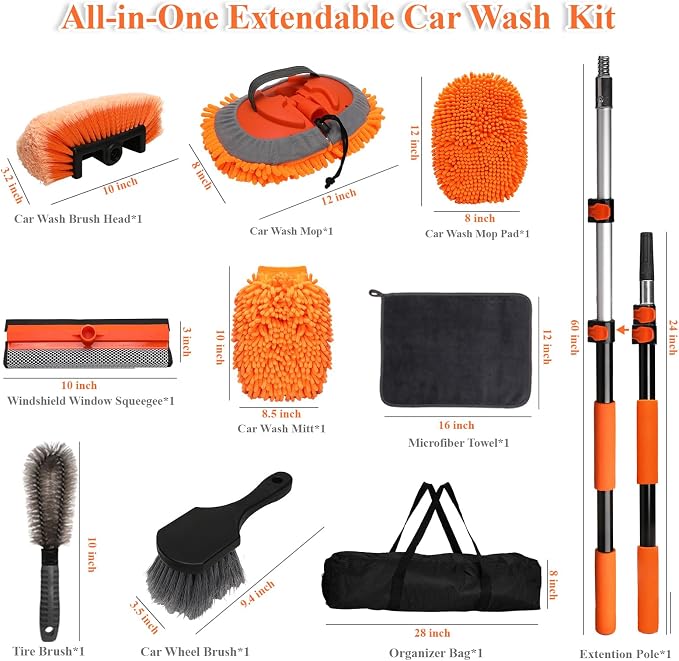 60" Extendable Car Wash Brush Kit with Long Handle | Scratch-Free Car Wash Brush, Chenille Car Mop, 2-in-1 Windshield Squeegee, Wheel Brush for Cars, Trucks Exterior Cleaning