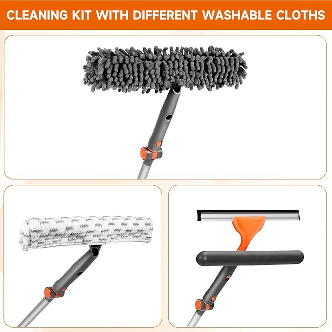 2-in-1 Window Squeegee for Home, 62" Extension Pole Window Cleaning Kit with Bendable Head, Professional Window Washing Equipment for High Indoor Outdoor Glass & Car (with 2 Cleaning Cloth)