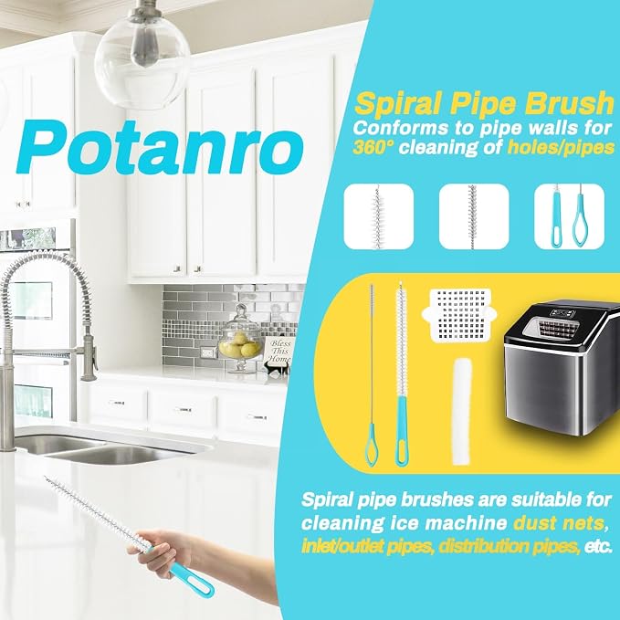 Potanro Ice Machine Cleaner Brush Sets,14Pcs Ice Maker Cleaner Tools | Gap Crevice Cleaning Brushes Tools Small Spaces, Scrub Sponge, Thin Brush for Countertop,Cleaning Window Track, Straw, Bottle