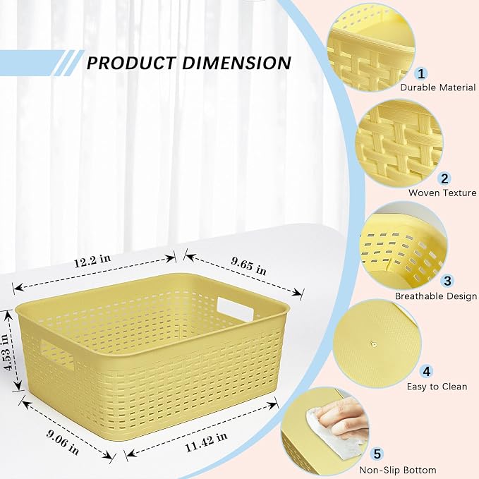 Plastic Storage Baskets for Cabinets, Household Pantry Organization with Handle,Organizer Bins for Room,Bathrooms,Under-Sink,Kitchen (Yellow, M-3PACK)