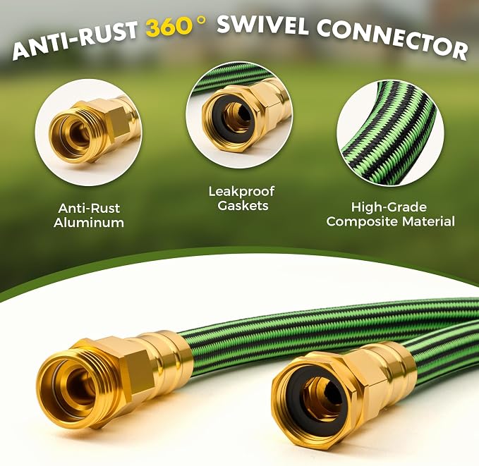 Garden Hose 25FT, Lightweight Flexible Water Hose | Solid Brass Fittings,10 Function nozzle, Wear Resistant, Non-Expandable, Yard, Lawn, Car Washing