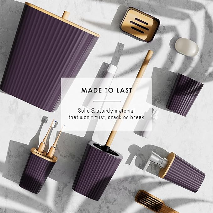 Clara Clark Bathroom Set - Purple Bathroom Accessories Set, 6PC Bathroom Accessory Set, Bathroom Sets with Adhesive Corner Shower Caddy Hanging, Toilet Brush, Trash Can & Soap Dispenser