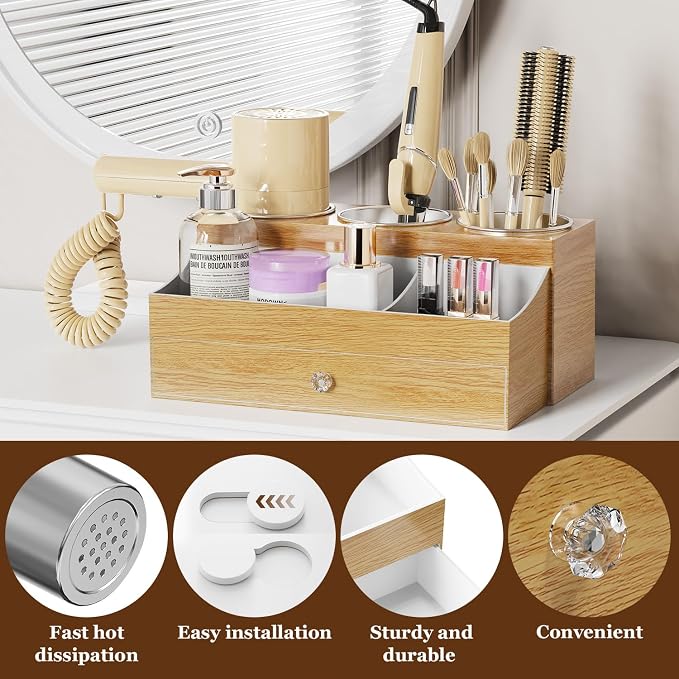 GFWARE Hot Hair Styling Tool Organizer with Drawer & 3 Cooling Cups, Wood | Hair Accessories Bathroom Vanity Storage, Hair Dryer, Blow Dryer, Curling Iron, Flat Iron, Hot Tools Cooling, Wood-Look