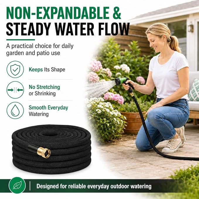 100FT Non-Expandable Flat Garden Hose with 10 Function Nozzle,No-Kink,Black | Lightweight Flat Water Pipe for Women & Seniors,Easy Storage Hose for RV, Patio, Small Backyard, Car Wash & Everyday Watering