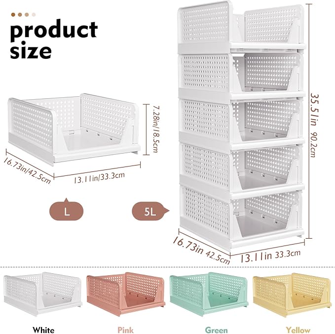 SNSLXH 5 Pack Closet Organizer Basket, Closet Organizers and Storage, Green | Stackable & Foldable Closet Storage Bins for Bathroom Laundry Room Wardrobe Storage, Space-Saving Clothes Drawer Organizer