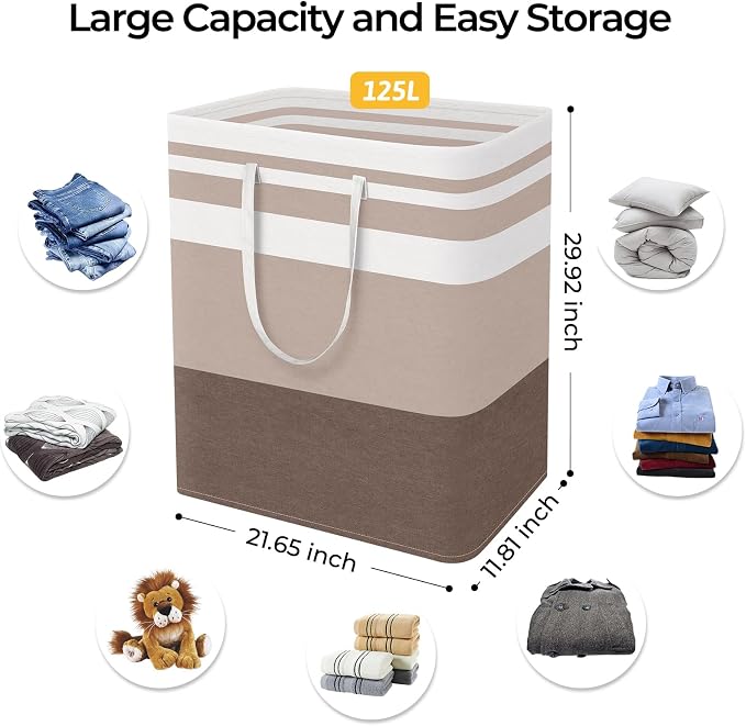 HomeHacks 2-Pack Large Laundry Basket, Waterproof, Freestanding Laundry Hamper, Collapsible Tall Clothes Hamper with Extended Handles for Clothes Toys in the Dorm and Family (Brown, 125L) | Waterproof, Freestanding, Collapsible Clothes Hamper with Rein...