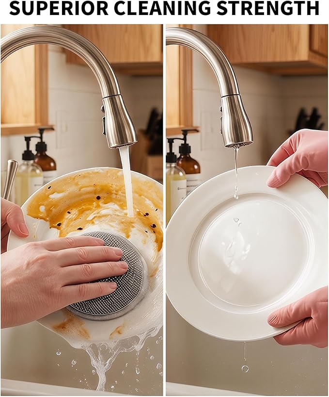 3PCS Dishwashing Cleaning Gloves + 3PCS Wire Dish Rags Set - Long Cuff Reusable Rubber Gloves & Non-Scratch for Kitchen, Cleaning, Gardening - Waterproof, Tear-Resistant
