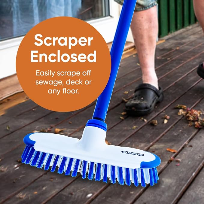 Superio Deck Brush with Long Handle Heavy Duty Stiff Bristles Grout Scrubber Brush with Scraper, Cleans Hot Tub, Pool, Granite Tiles, Bathroom, Patio, Garage, Kitchen, Wall and Deck (1, 48")