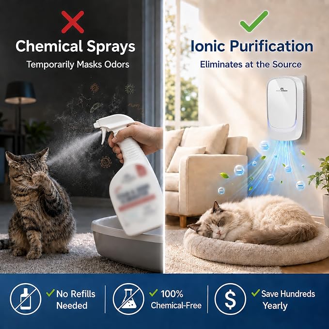 Plug in Air Ionizers and Cat Litter Box Deodorizer | Negative Ion Air Purifier and Pet Odor Remover for Dogs/Cats, Quiet Freshener for Home Kitchen, Smoke Dust Mini Cleaner