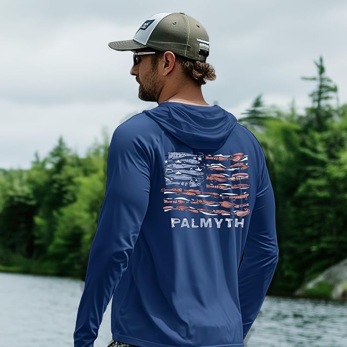 Palmyth Men's Fishing Hoodie UPF 50+ Long Sleeve with Face Mask Neck Gaiter | Zipper Pocket, Thumb Loops, Quick-Dry, Side Mesh Panels, Lens Cleaning Cloth