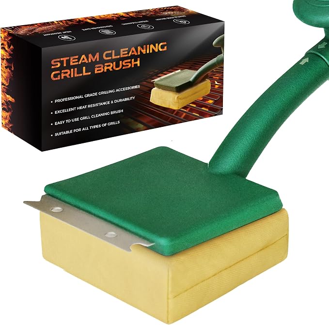 Grill Brush Bristle Free with Scraper, BBQ Replaceable Cleaning Head | Barbecue Grill Cleaner with Seamless Fit Scraper Tool for Cast Iron, Stainless-Steel Grates - Green