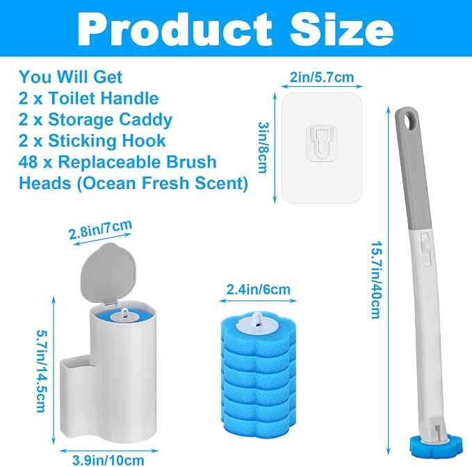 Ptwola 2 Pack Disposable Toilet Brush Holder Set Wall Mounted Extended Handle Toilet Bowl Cleaning Wand Stick Kit with 48 Refills Replacement Heads Pads for Bathroom Bathtub Deep Cleaners Maintenance