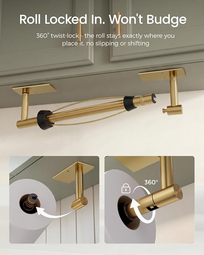 Gold Paper Towel Holder Under Cabinet with Damping Self Adhesive | 304 Stainless Steel Post Pivoting Design Wall Mounted & No Drilling, Single Hand Operable for Kitchen Bathroom, Square Base