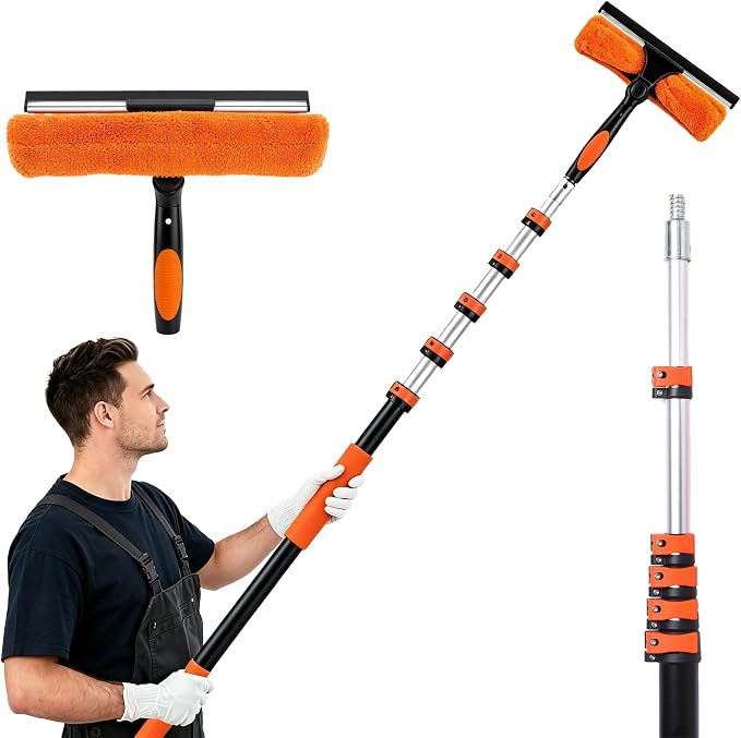 30FT Reach Window Washing Kit, Squeegee with Extension Pole | 5-24FT Telescoping Pole with Flip-Lock And Rotatable 2-in-1 Squeegee Head for High-Window Cleaning