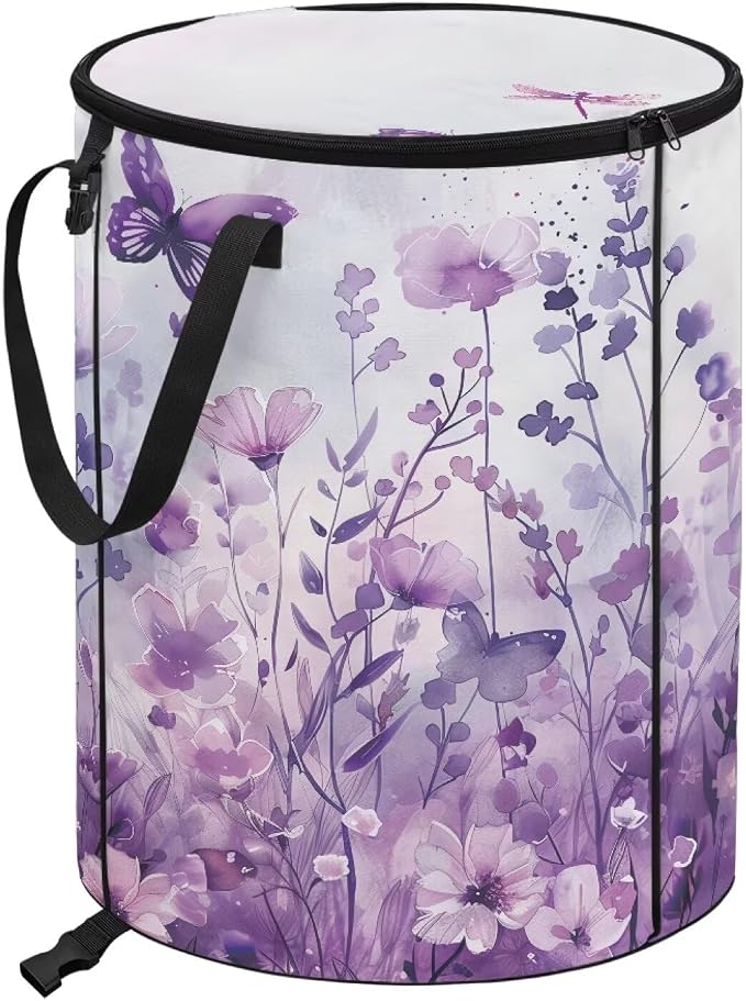 Butterfly Flower Collapsible Recycling Bin 24Gal - Compost Waste Container w/Sorting Clips & Lid | Waterproof Pop-Up Design for Lawn, Camping, Yard Waste Gifts for Outdoor Workers