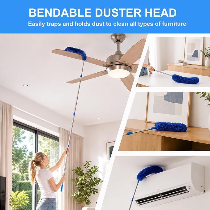 Cobweb Duster with 2-14 ft Extension Pole, Spider Web Brush, Microfiber Feather Long Handle Duster for High Ceilings, Fan, Furniture, Home