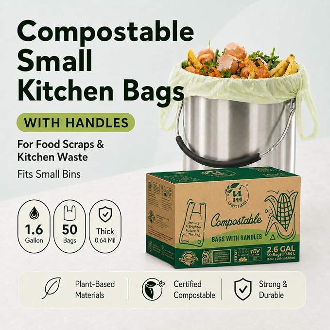 UNNI 2.6 Gallon Compostable Bags with Easy-Tie Handles, 10 Liter, 50 Count | Small Compost Bags for Countertop Bins & Kitchen Food Scraps, Certified by BPI, CMA & OK compost HOME, Meets ASTM D6400