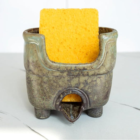 Sponge Holder for Kitchen Sink, Ceramic Sink Caddy Organizer | Self draining sponge Dish for scouring pad, soap, brushes. Rustic farmhouse kitchen sink storage keeps counter dry. Avocado
