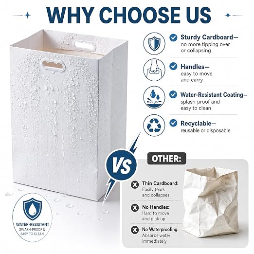 WIFTREY 13 Gallon Disposable Trash Cans for Parties 5 Pack, White | 13.5"L x 10.0"W x 21.7"H, Collapsible Waterproof Cardboard Bins with Handles, Reusable or Single-Use for Camping, Kitchen