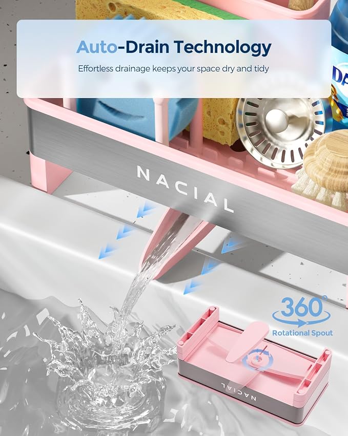 Nacial Kitchen Sink Organizer, Sink Caddy with Sponge & Tall Brush Holder | 304 Stainless Steel Kitchen Countertop Organizer with Double-Bar Towel Holder, Stores Sponge, Brush, Towel & Sink Essentials