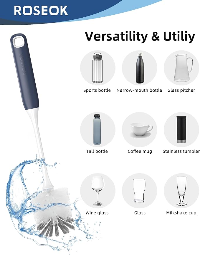 ROSEOK Bottle Brush, Water Bottle Brush, Flexible Bottle Brush, Cup Cleaner | For Cleaning Glass, Sports Bottle, Coffee Mug, Cup Cleaner, Navy Blue, 2 Pack