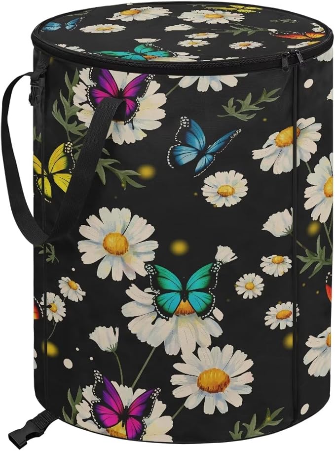 Daisy Butterfly Print 24 Gallon Garden Waster Bags with Lid and Handles Reusable Lawn Garden Bags Collapsible Trash Can for Camping Outdoor Picnics